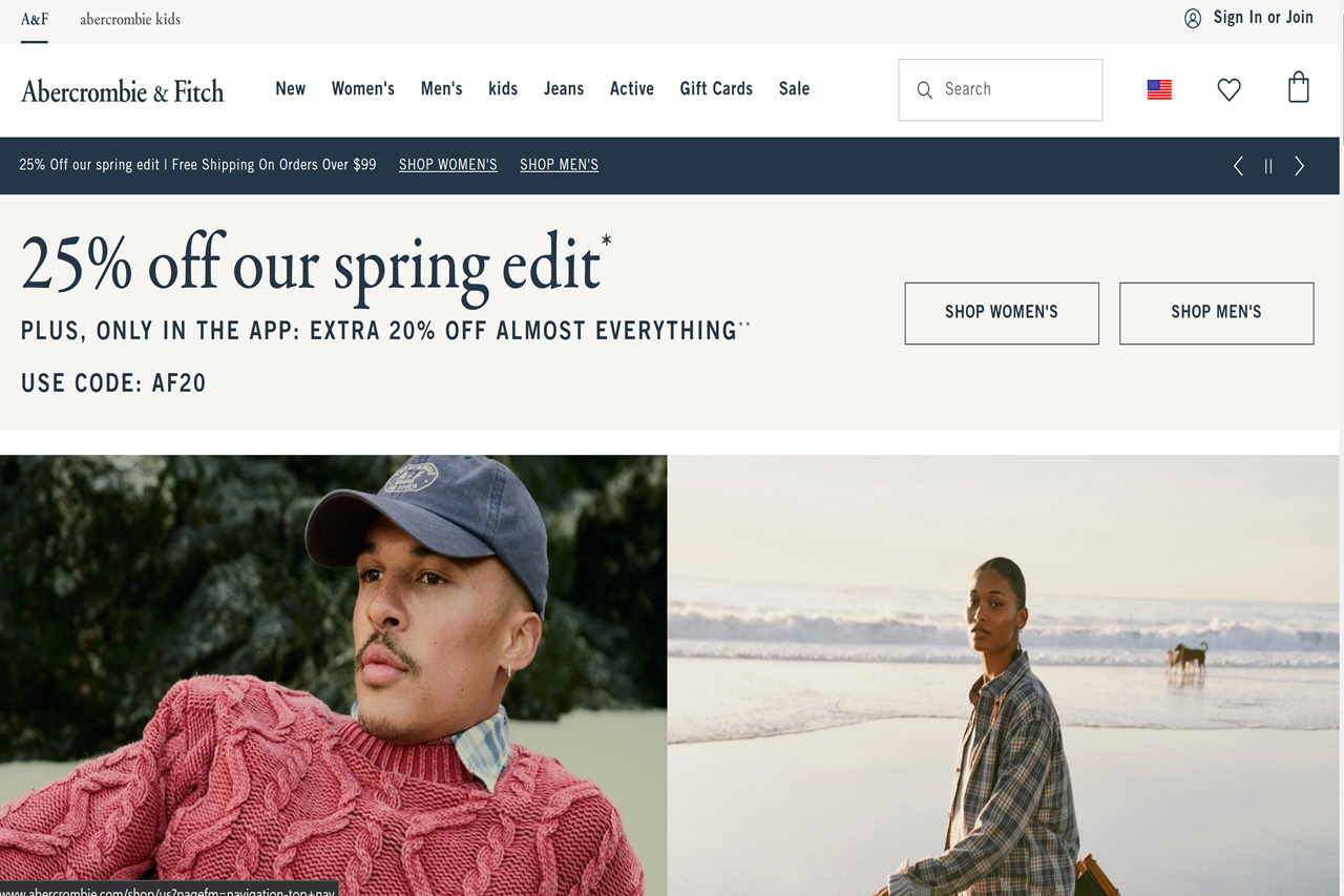 Screenshot of the Abercrombie & Fitch homepage