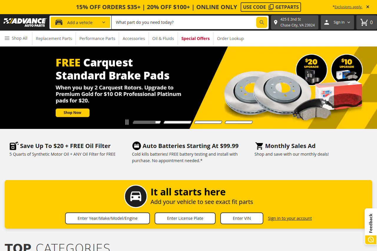 Screenshot of the Advance Auto Parts homepage