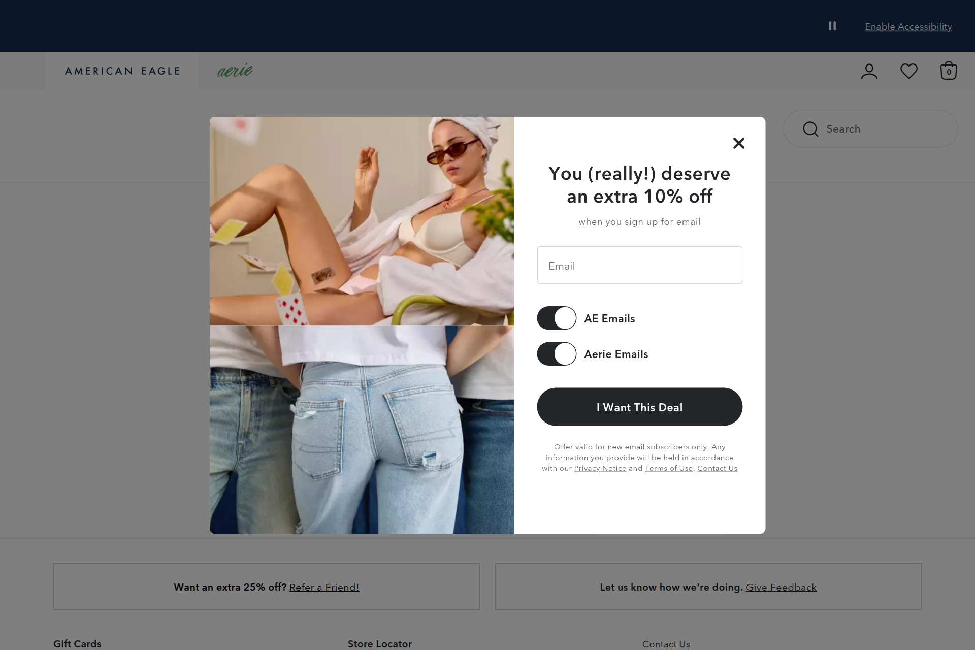 Screenshot of the Aerie homepage