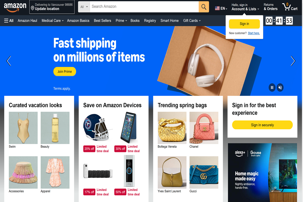 Screenshot of the Amazon homepage