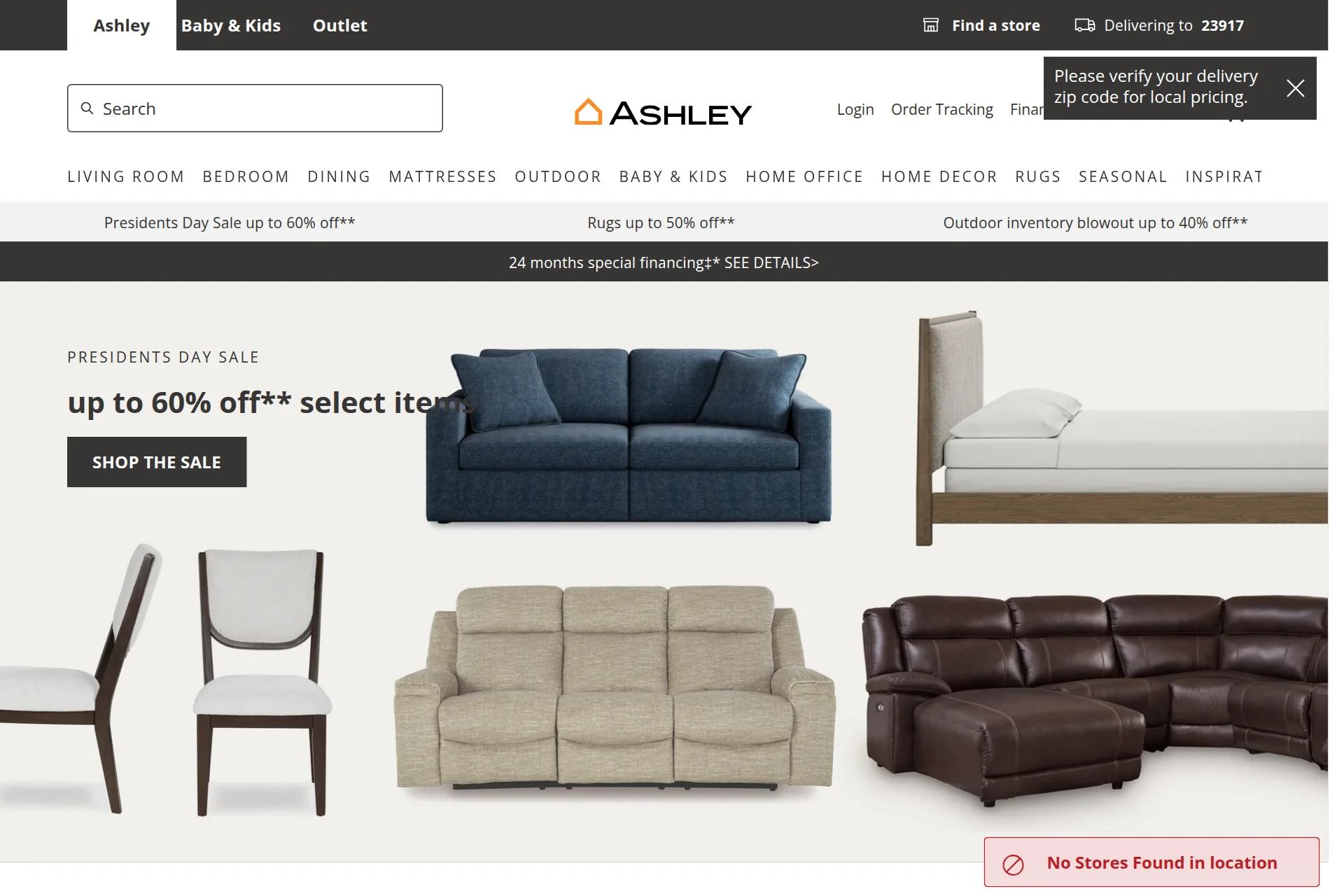 Screenshot of the Ashley Furniture homepage