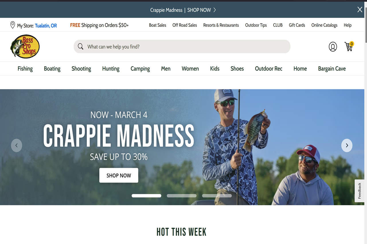 Screenshot of the Bass Pro Shops homepage