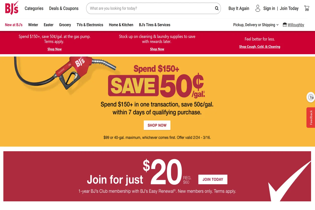 Screenshot of the BJ's Wholesale Club homepage