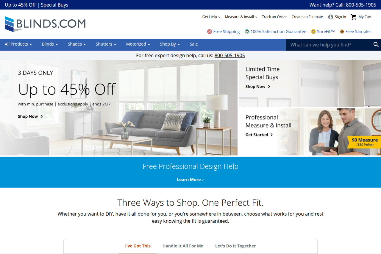 Screenshot of the Blinds.com homepage