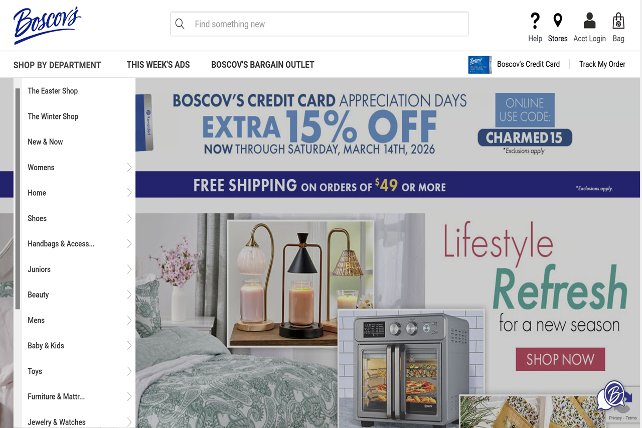Screenshot of the Boscov's homepage
