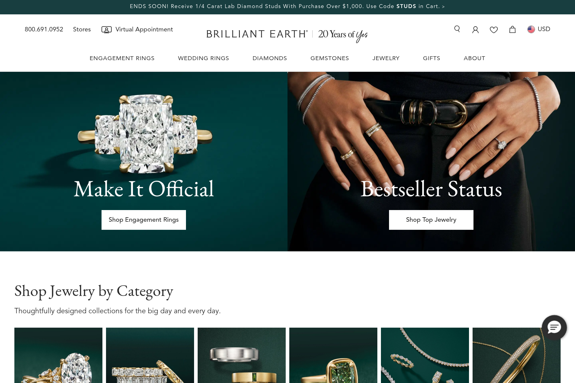 Screenshot of the Brilliant Earth homepage