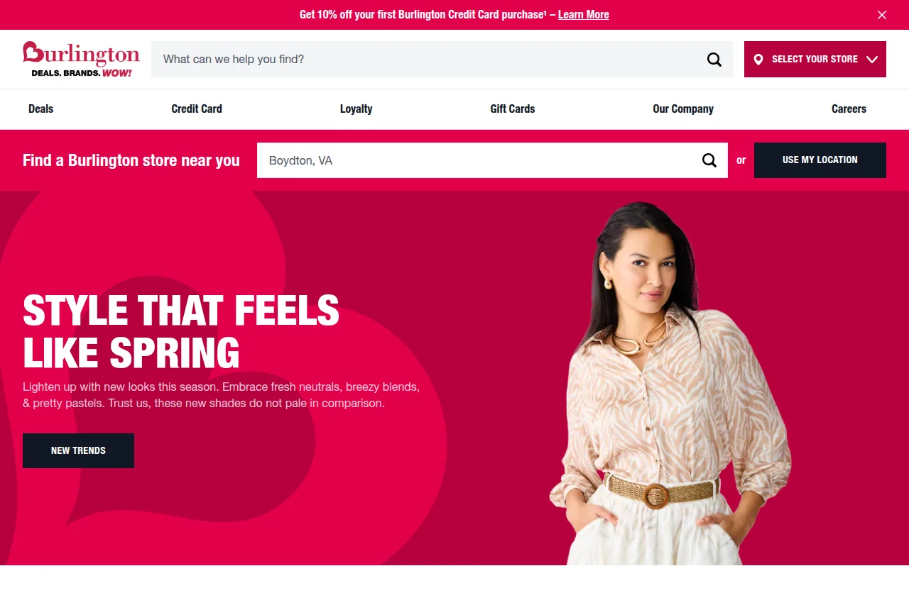 Screenshot of the Burlington homepage