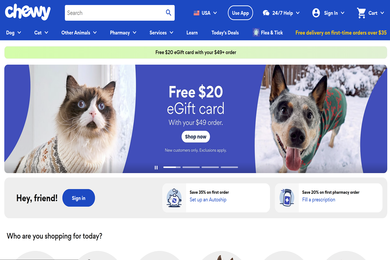 Screenshot of the Chewy homepage