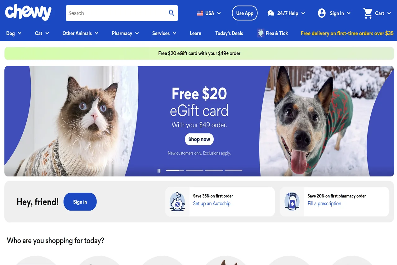 Screenshot of the Chewy homepage