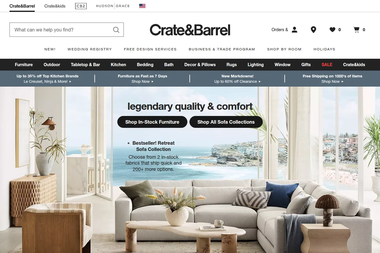Screenshot of the Crate & Barrel homepage