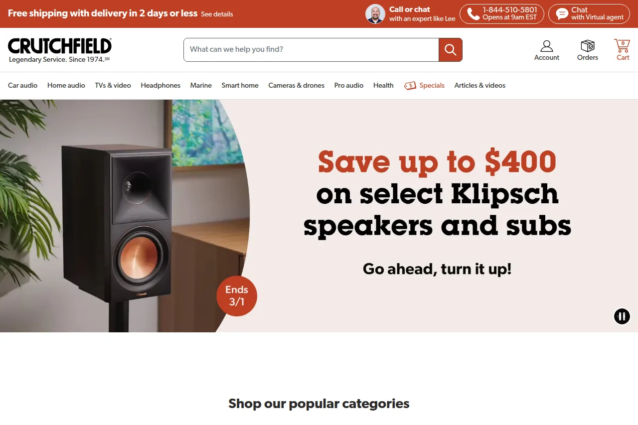 Screenshot of the Crutchfield homepage