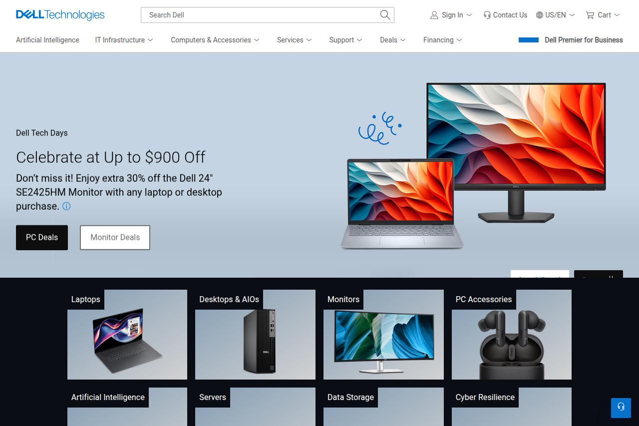 Screenshot of the Dell homepage