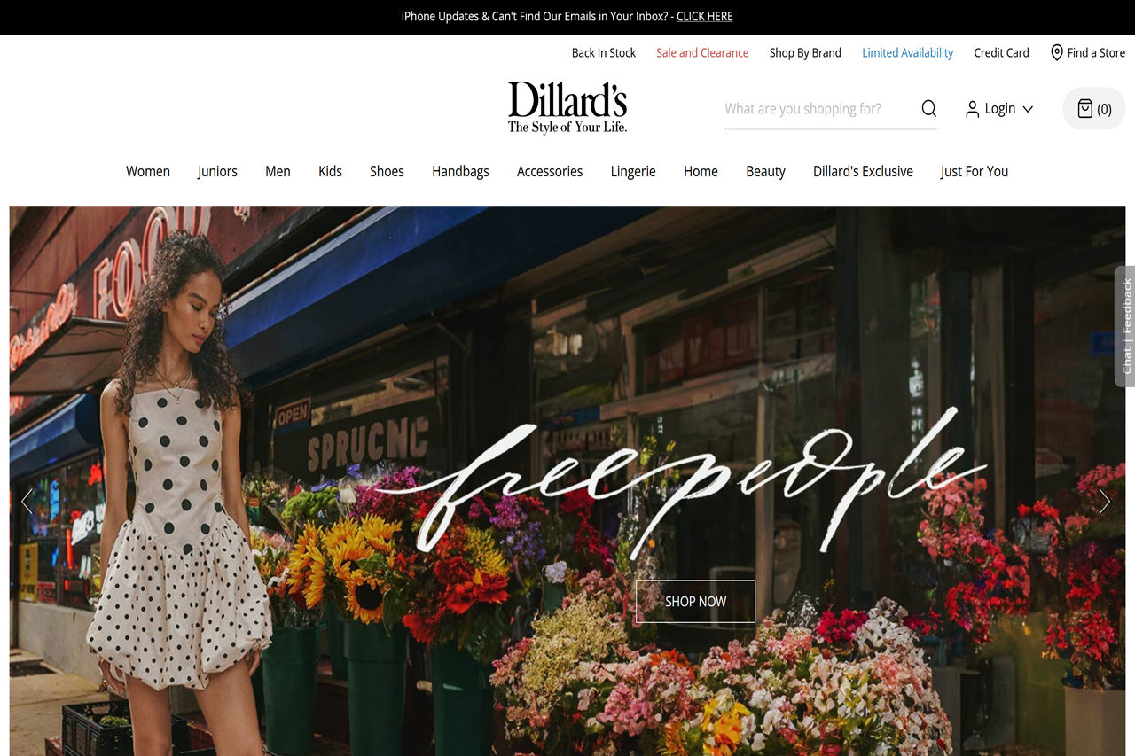 Screenshot of the Dillard's homepage