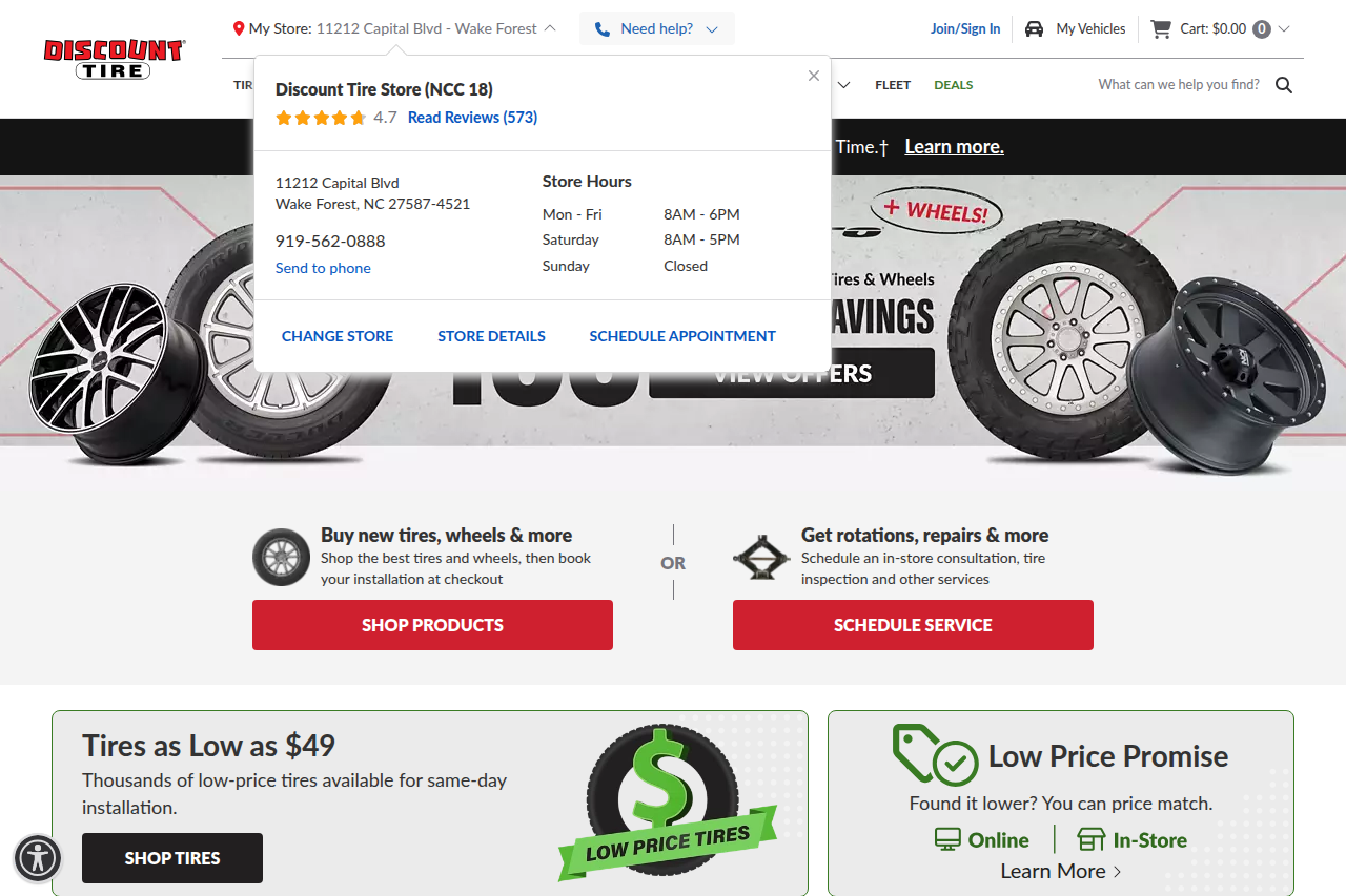 Screenshot of the Discount Tire homepage