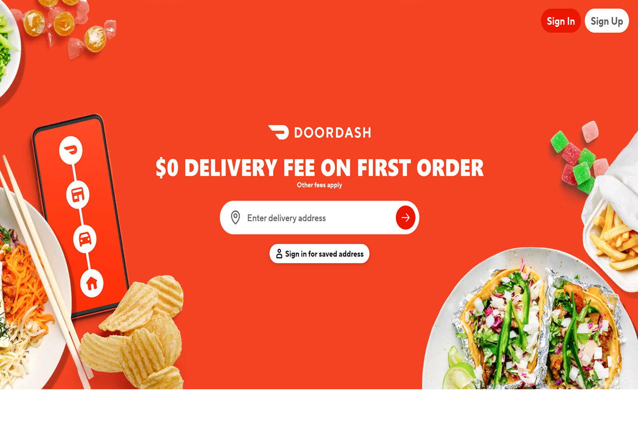Screenshot of the DoorDash homepage