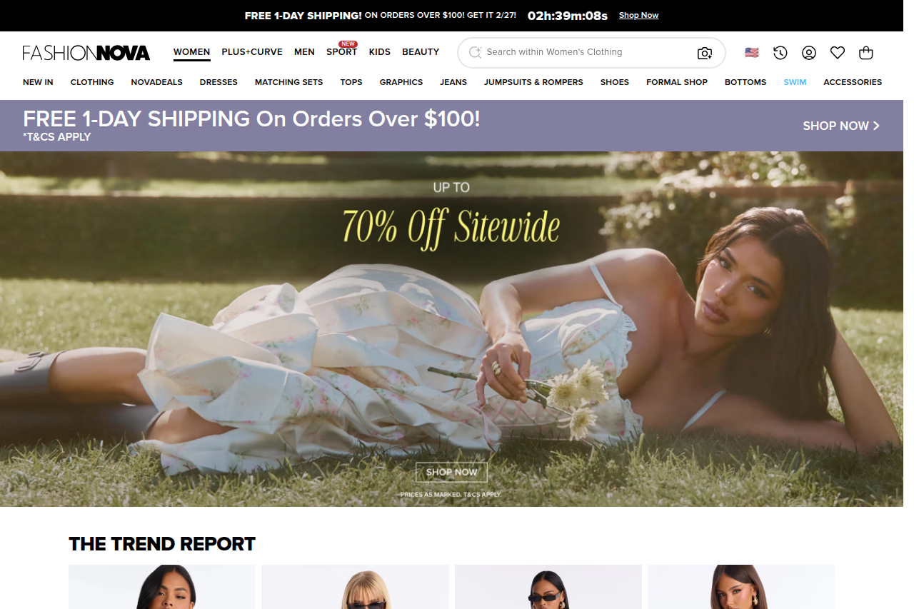 Screenshot of the Fashion Nova homepage