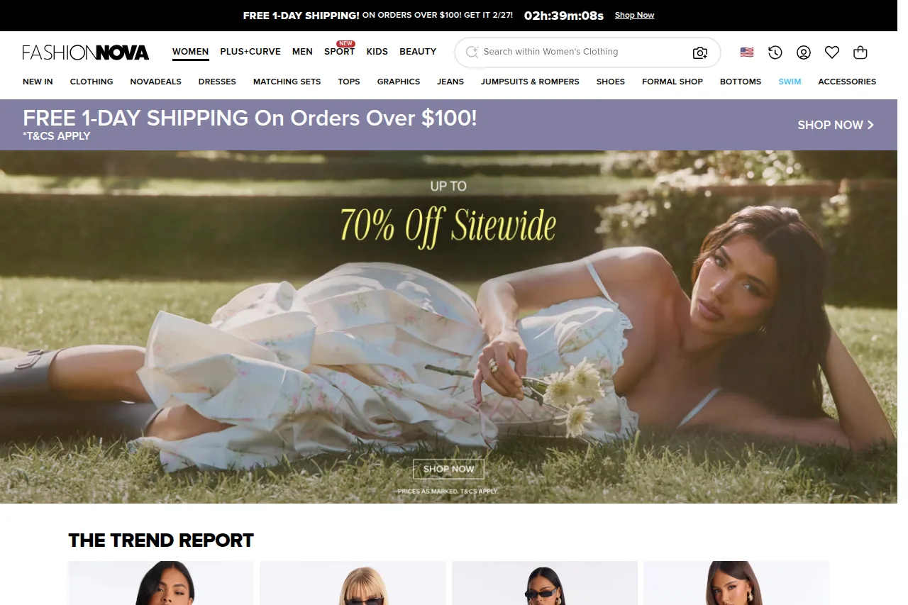 Screenshot of the Fashion Nova homepage