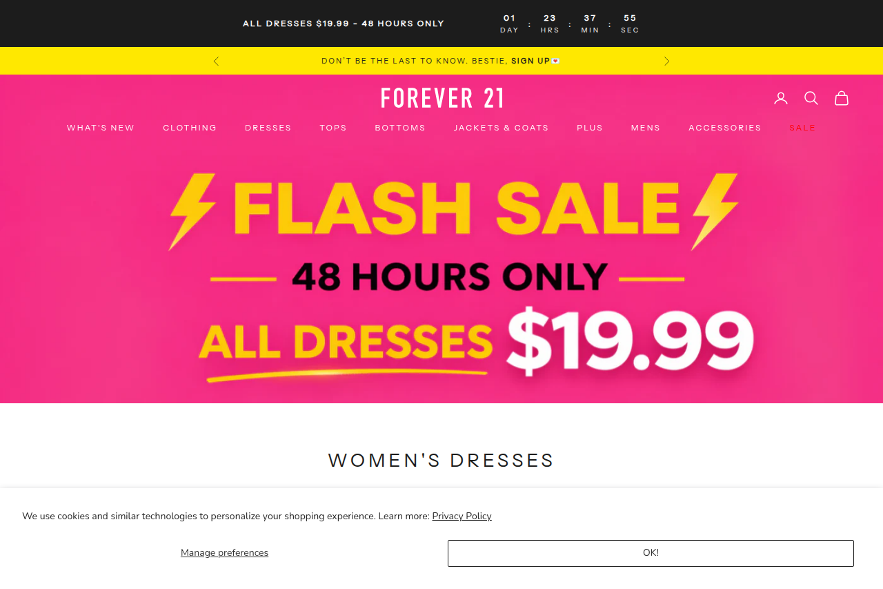 Screenshot of the Forever 21 homepage