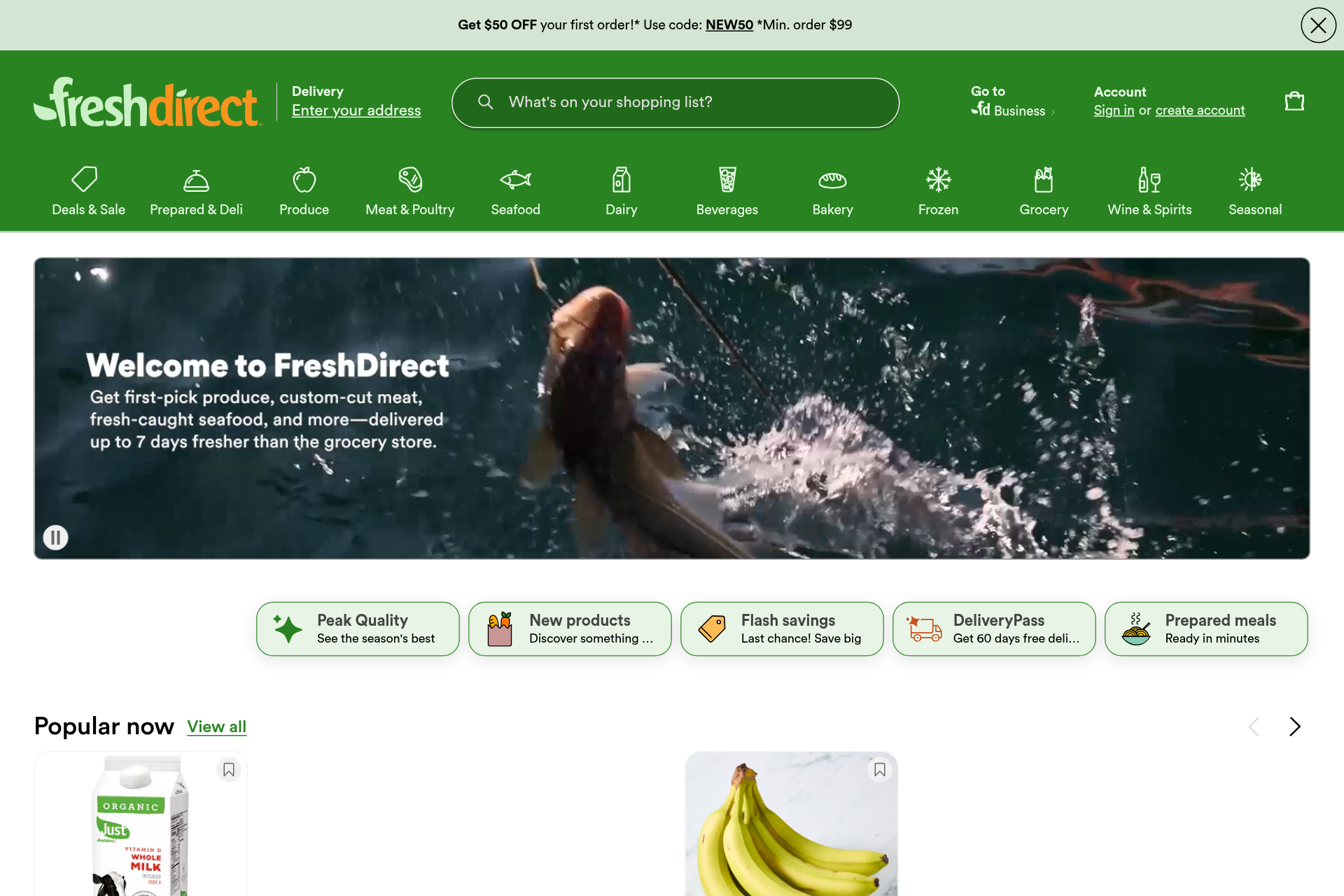 Screenshot of the FreshDirect homepage