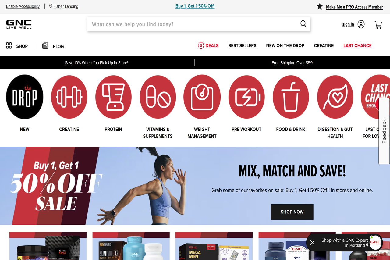 Screenshot of the GNC homepage