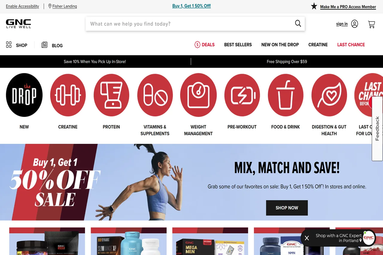 Screenshot of the GNC homepage