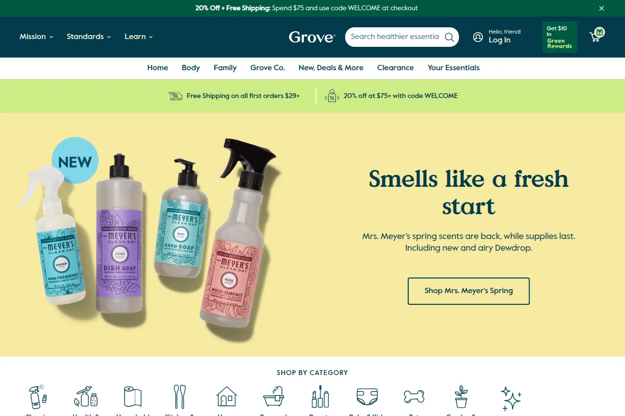 Screenshot of the Grove Collaborative homepage