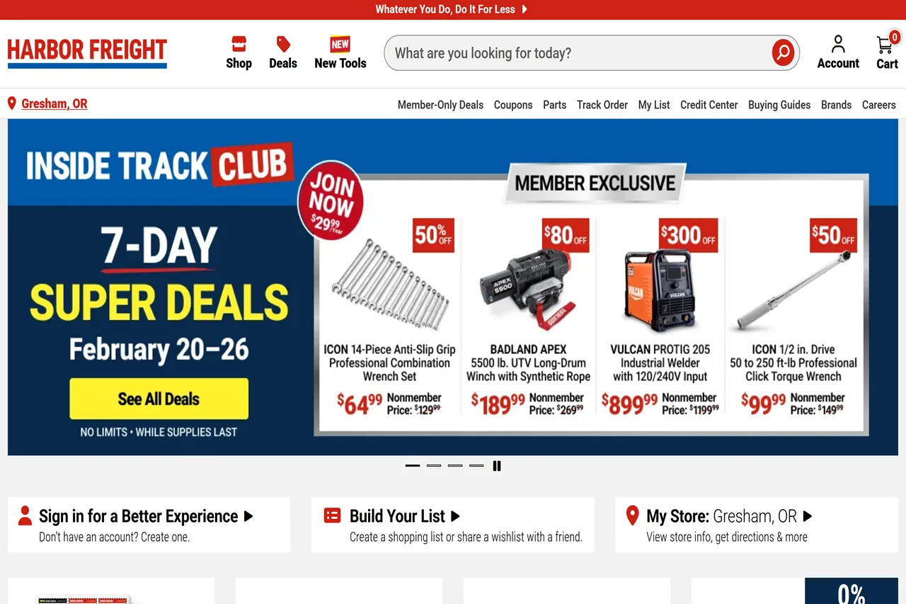 Screenshot of the Harbor Freight Tools homepage