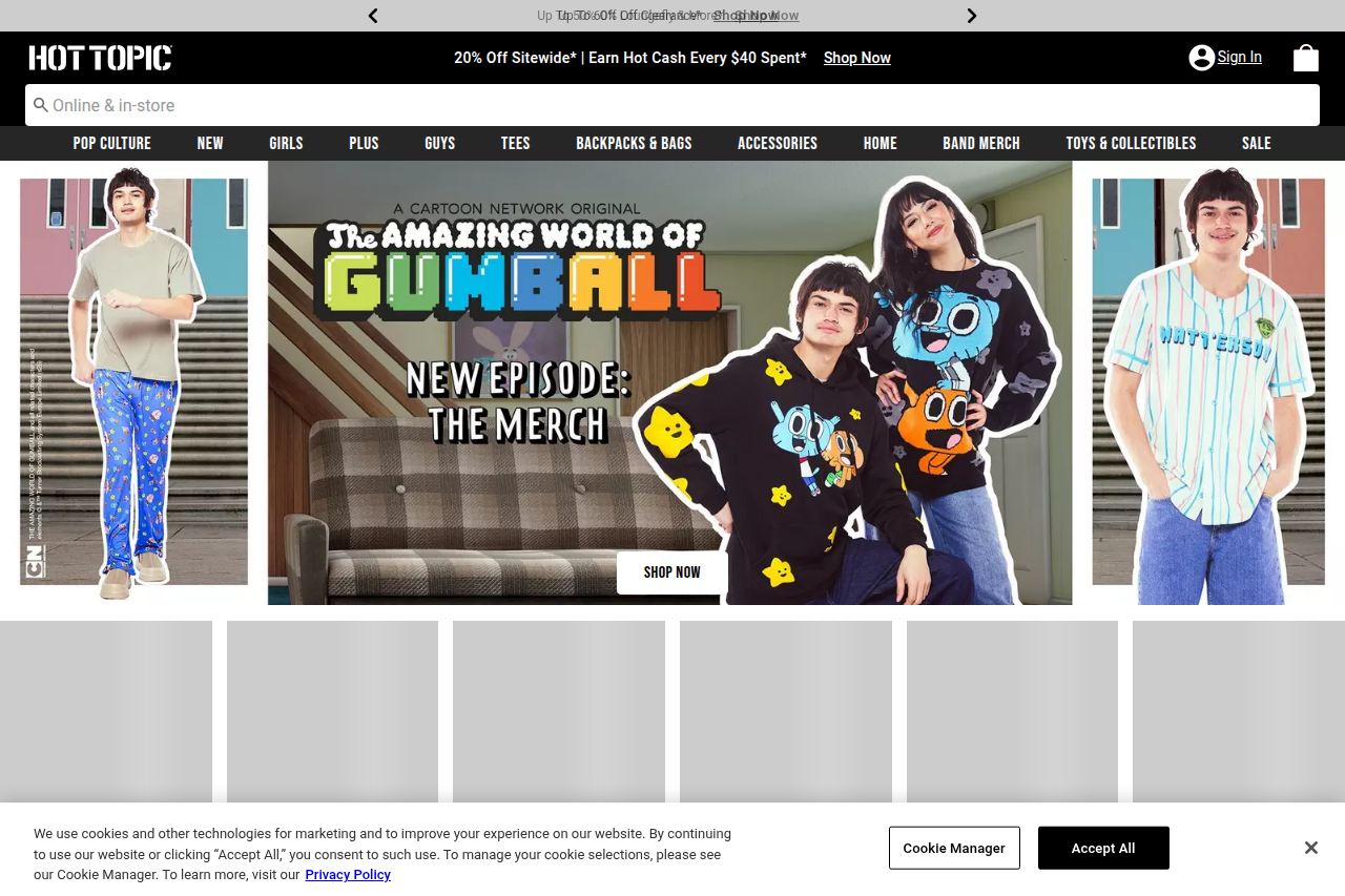 Screenshot of the Hot Topic homepage