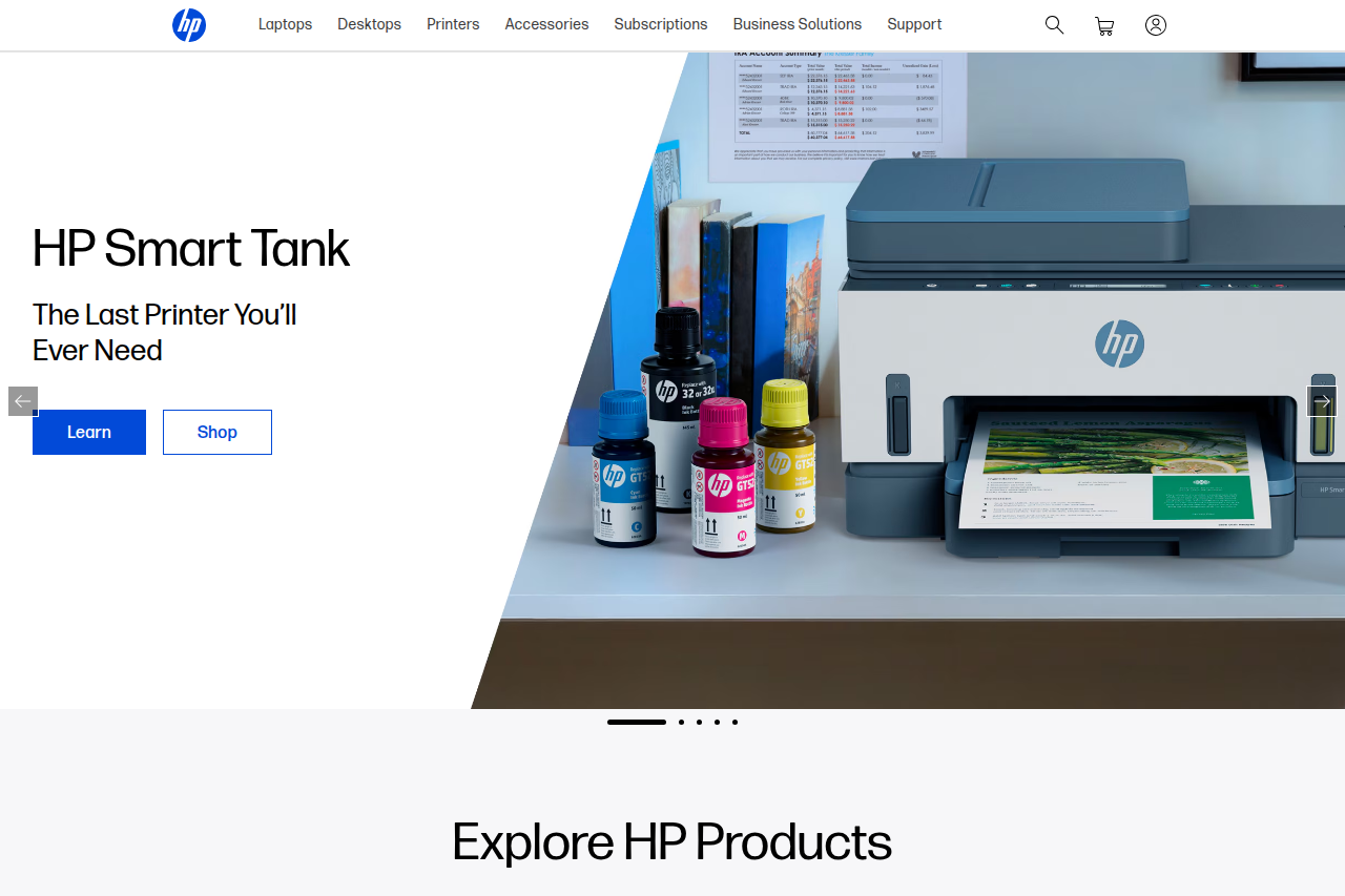 Screenshot of the HP homepage