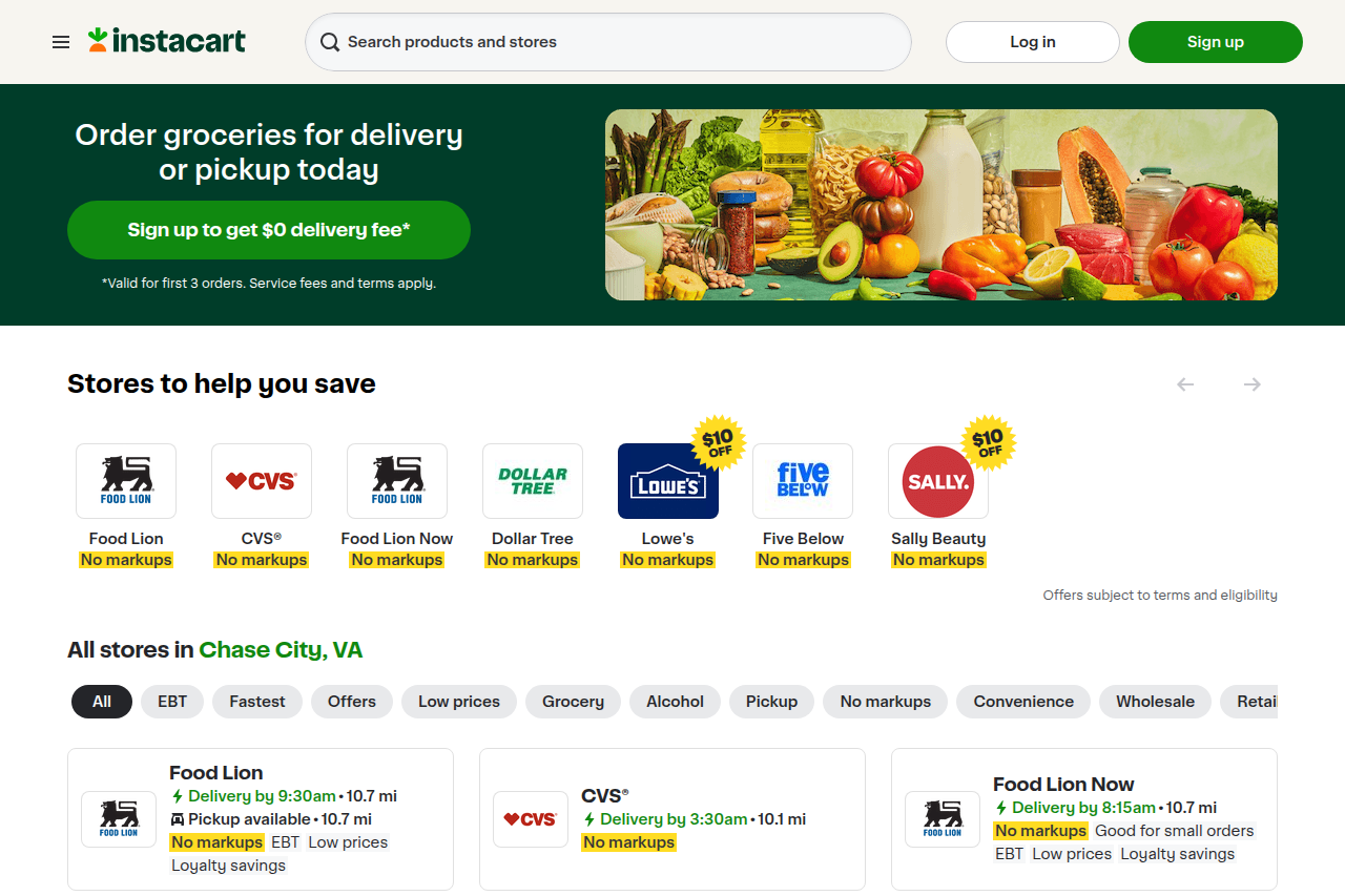 Screenshot of the Instacart homepage