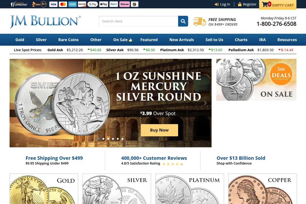 Screenshot of the JM Bullion homepage