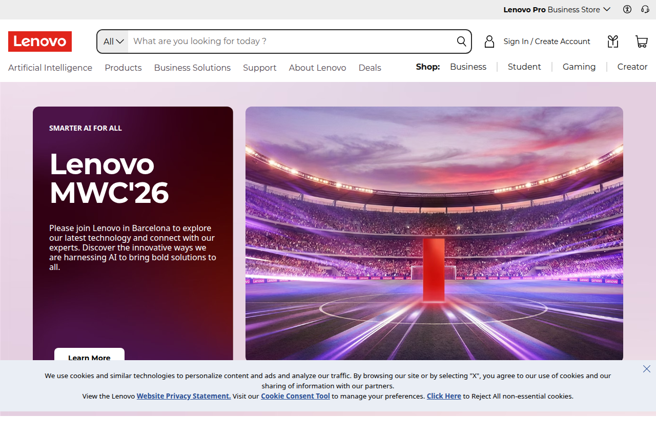 Screenshot of the Lenovo homepage