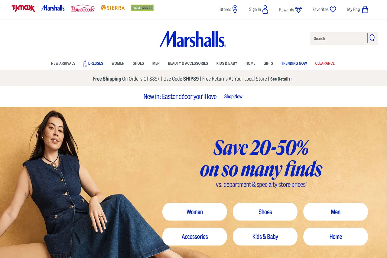 Screenshot of the Marshalls homepage
