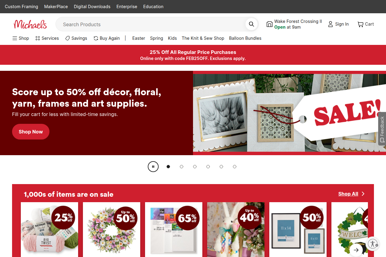 Screenshot of the Michaels homepage