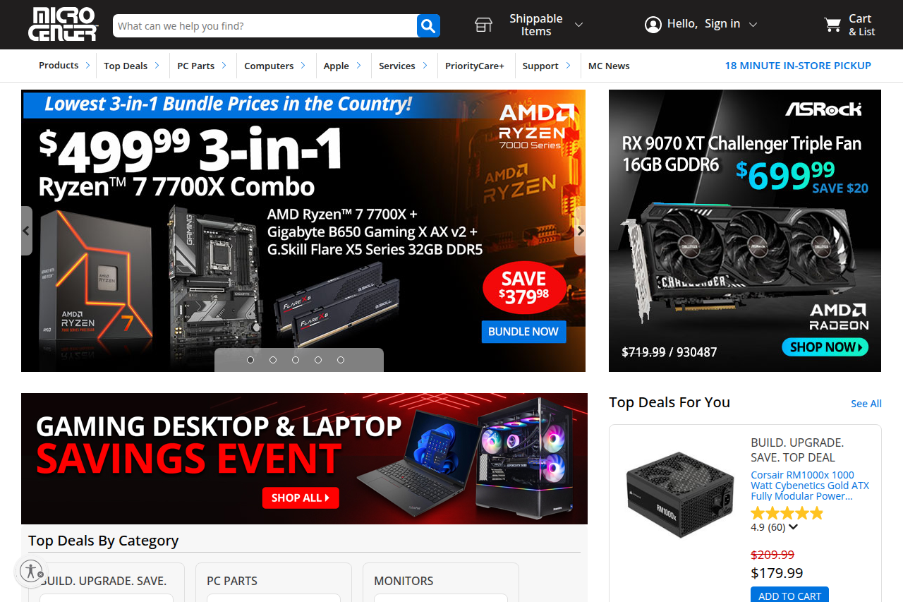 Screenshot of the Micro Center homepage