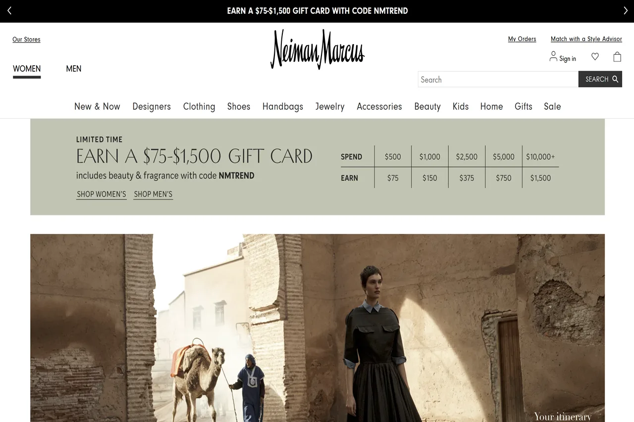 Screenshot of the Neiman Marcus homepage