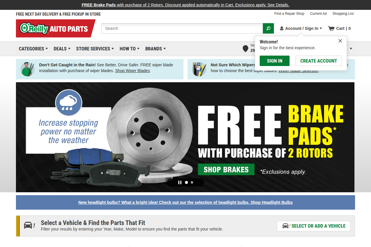 Screenshot of the O'Reilly Auto Parts homepage