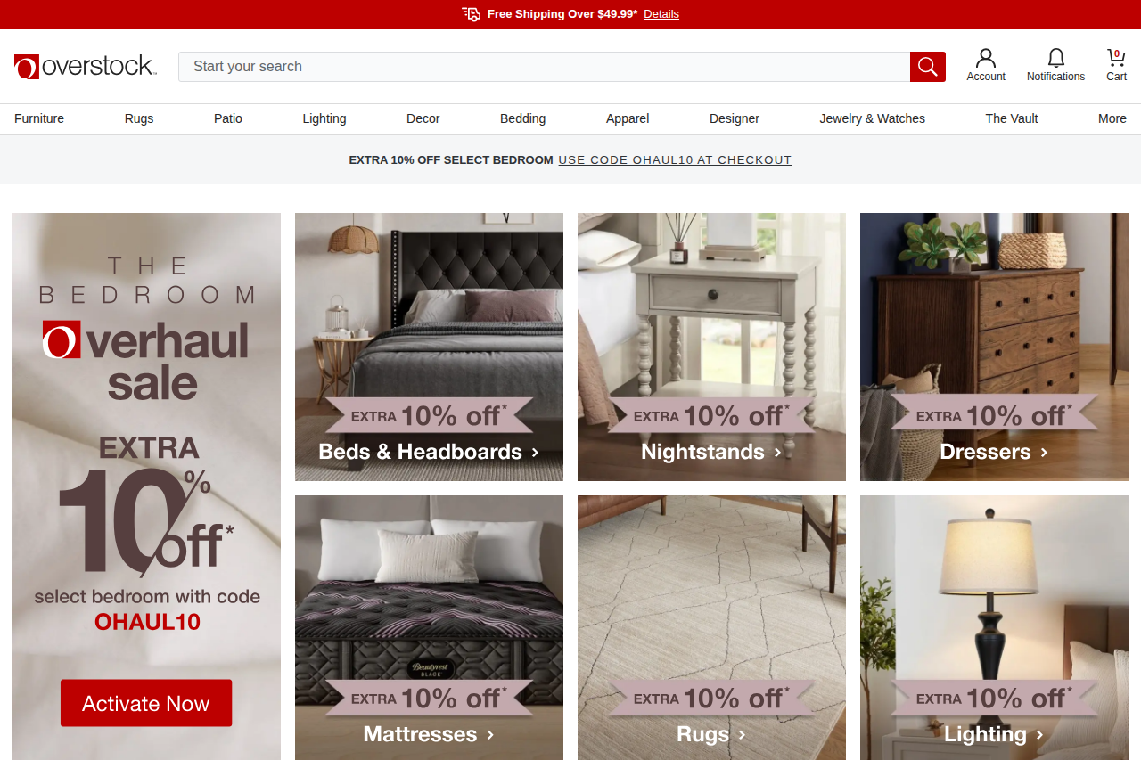 Screenshot of the Overstock homepage