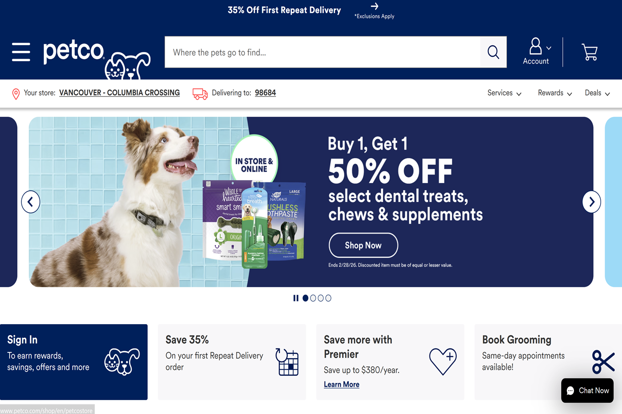 Screenshot of the Petco homepage
