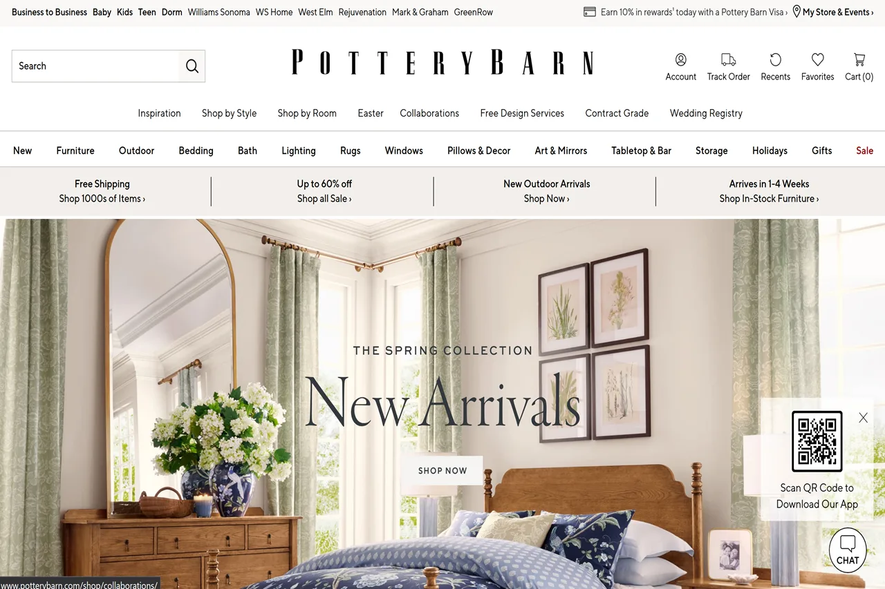 Screenshot of the Pottery Barn homepage