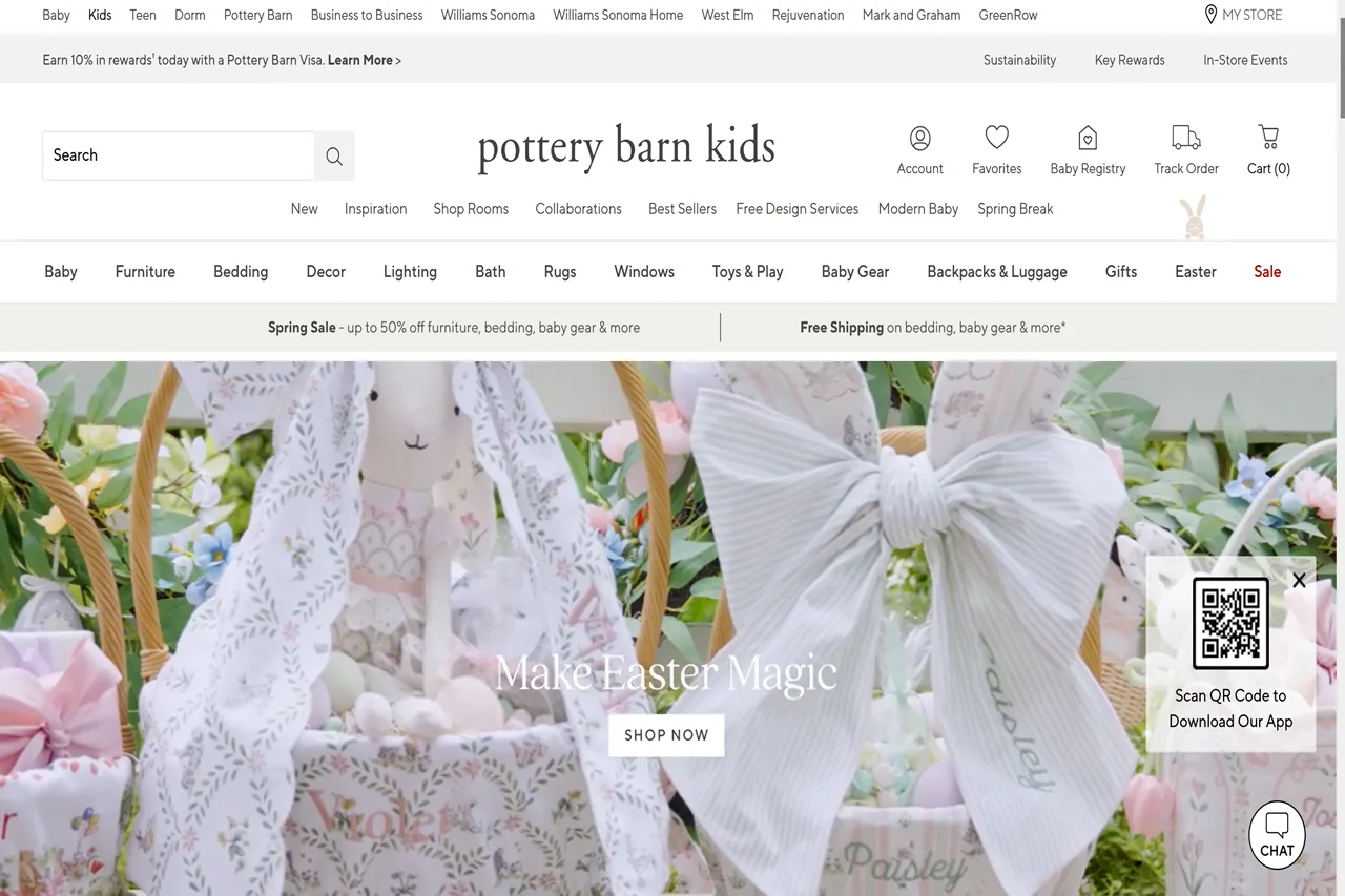 Screenshot of the Pottery Barn Kids homepage