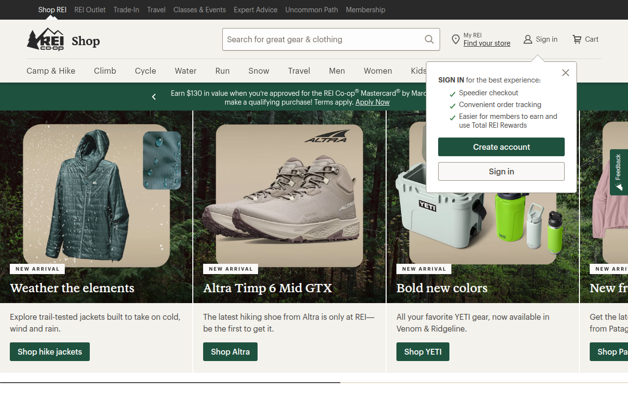 Screenshot of the REI homepage