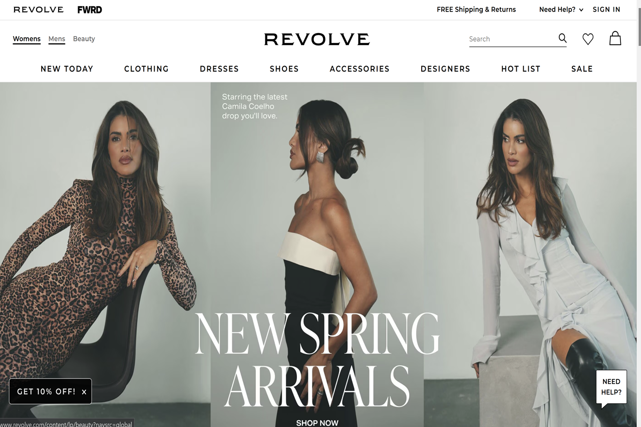 Screenshot of the Revolve homepage