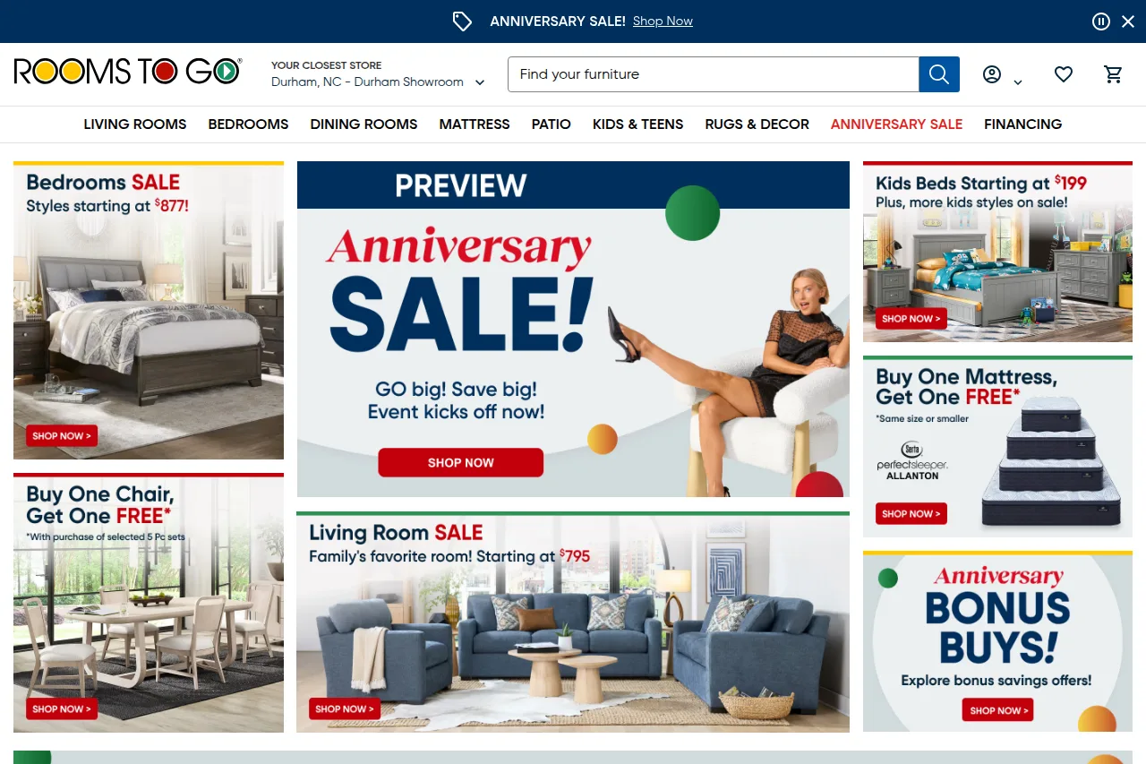 Screenshot of the Rooms To Go homepage