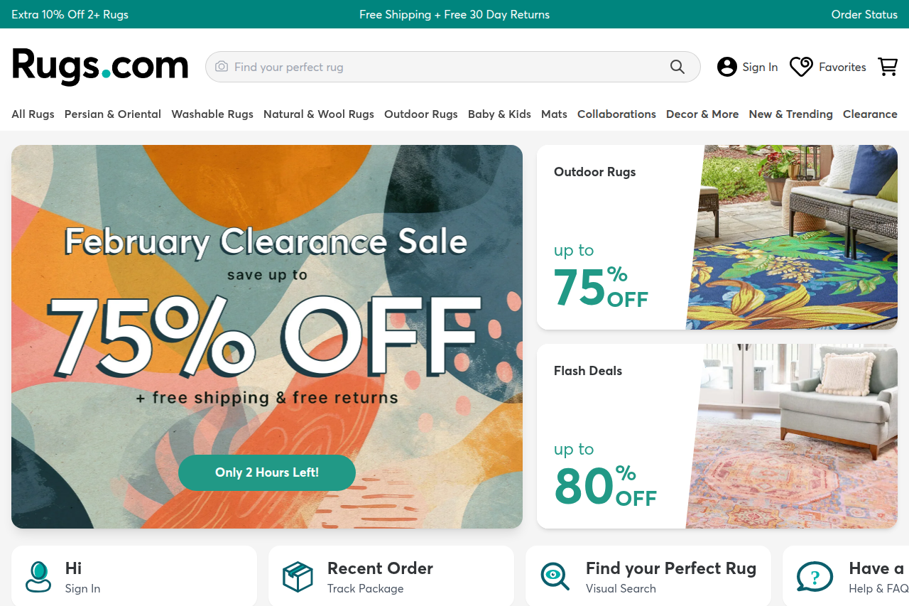 Screenshot of the Rugs.com homepage