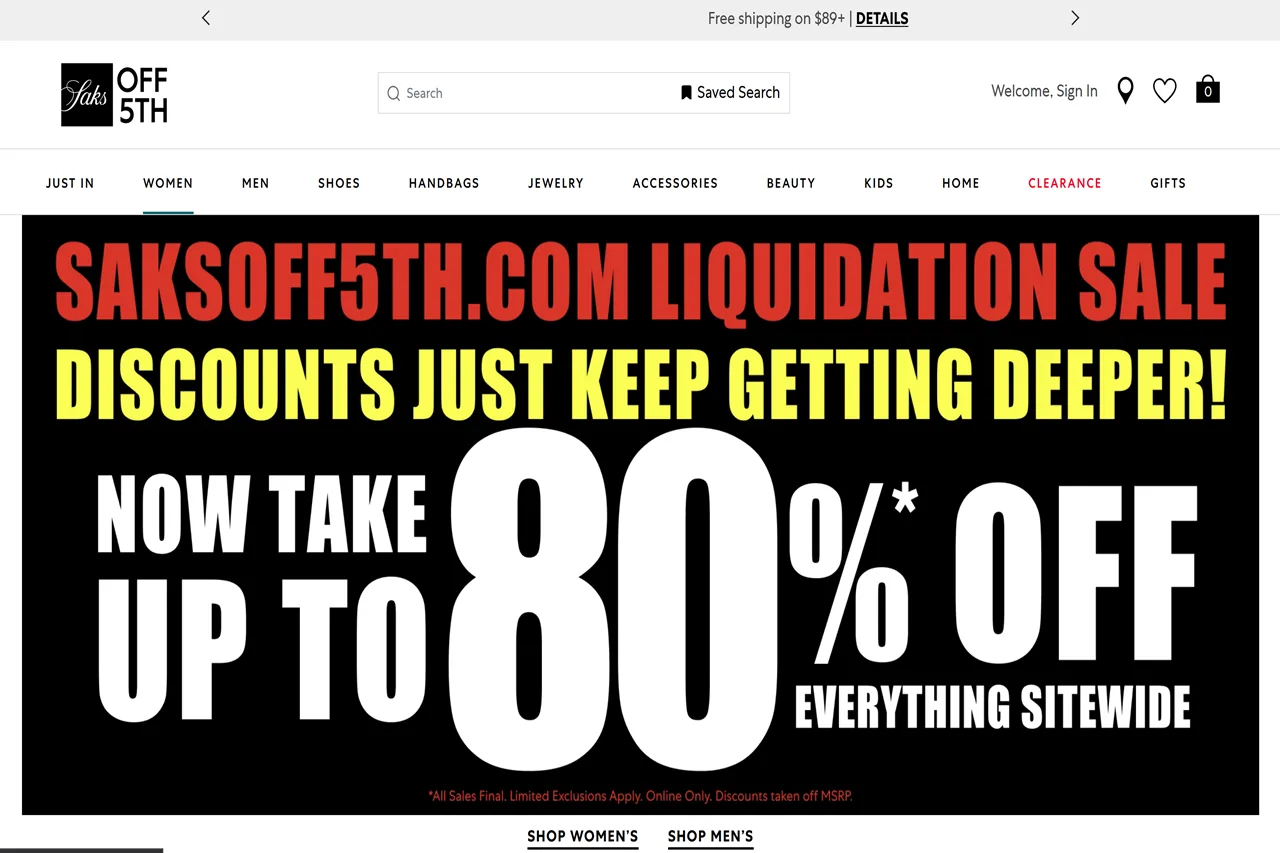 Screenshot of the Saks Off 5th homepage