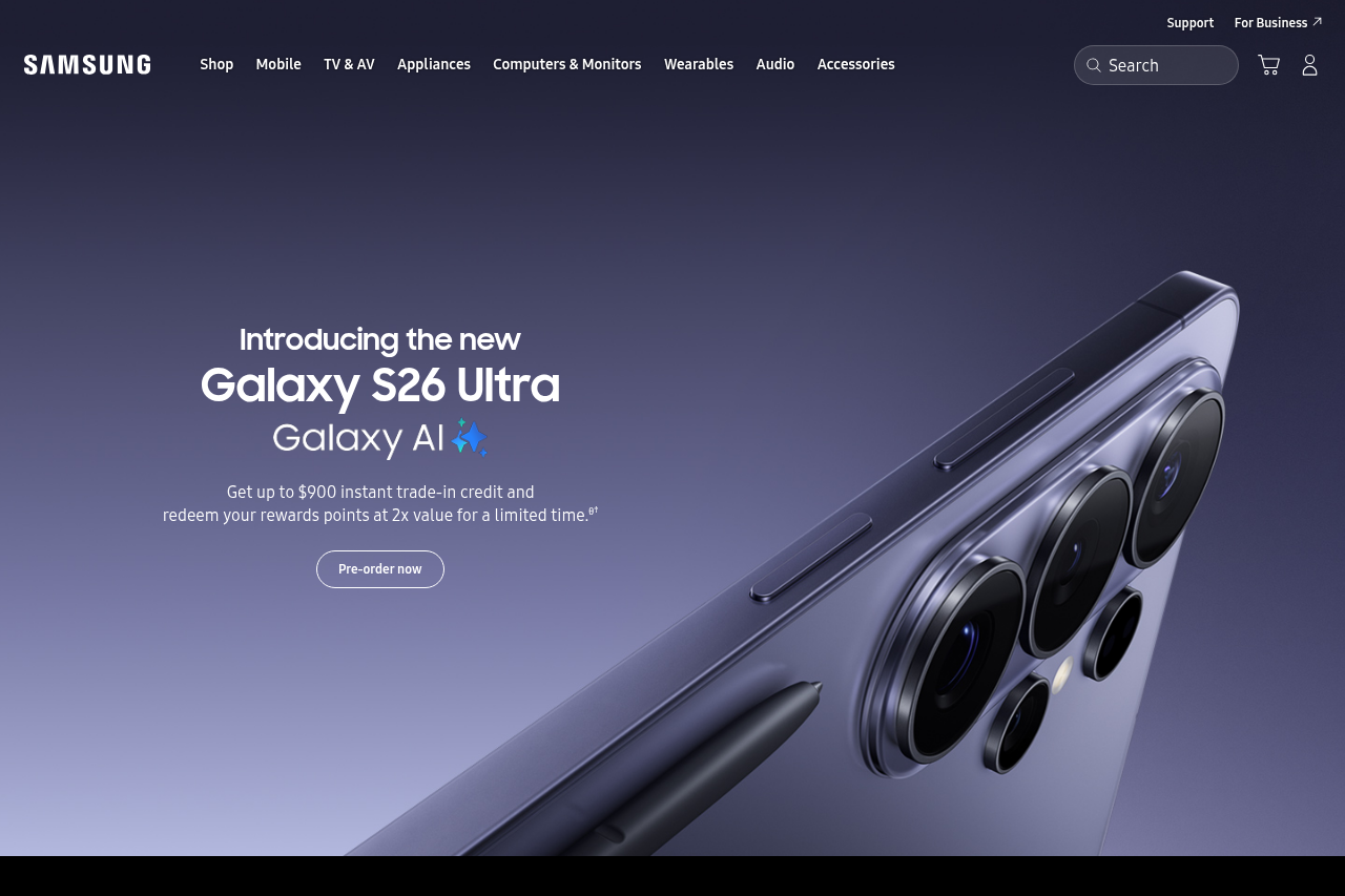 Screenshot of the Samsung homepage