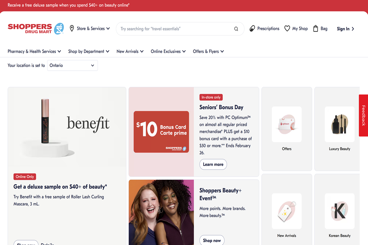 Screenshot of the Shoppers Drug Mart homepage