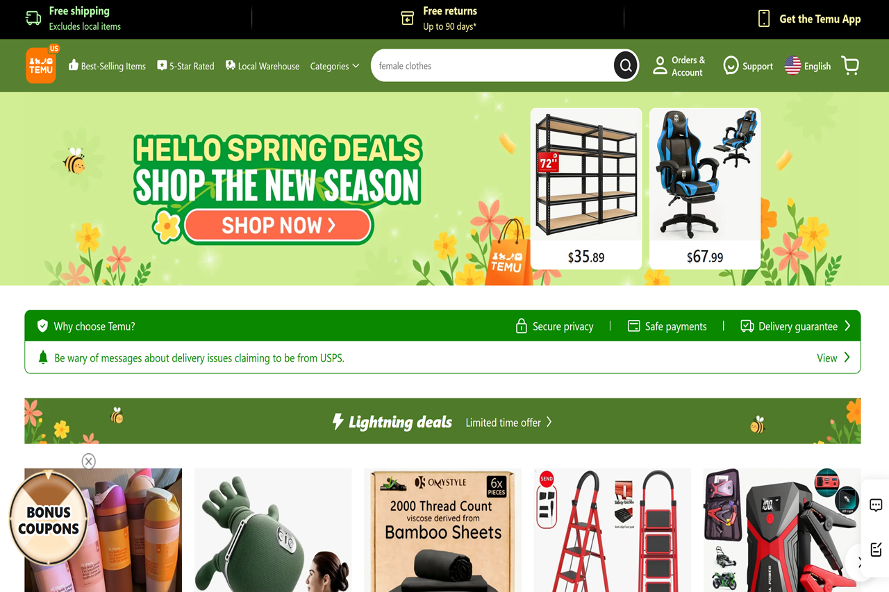 Screenshot of the Temu homepage