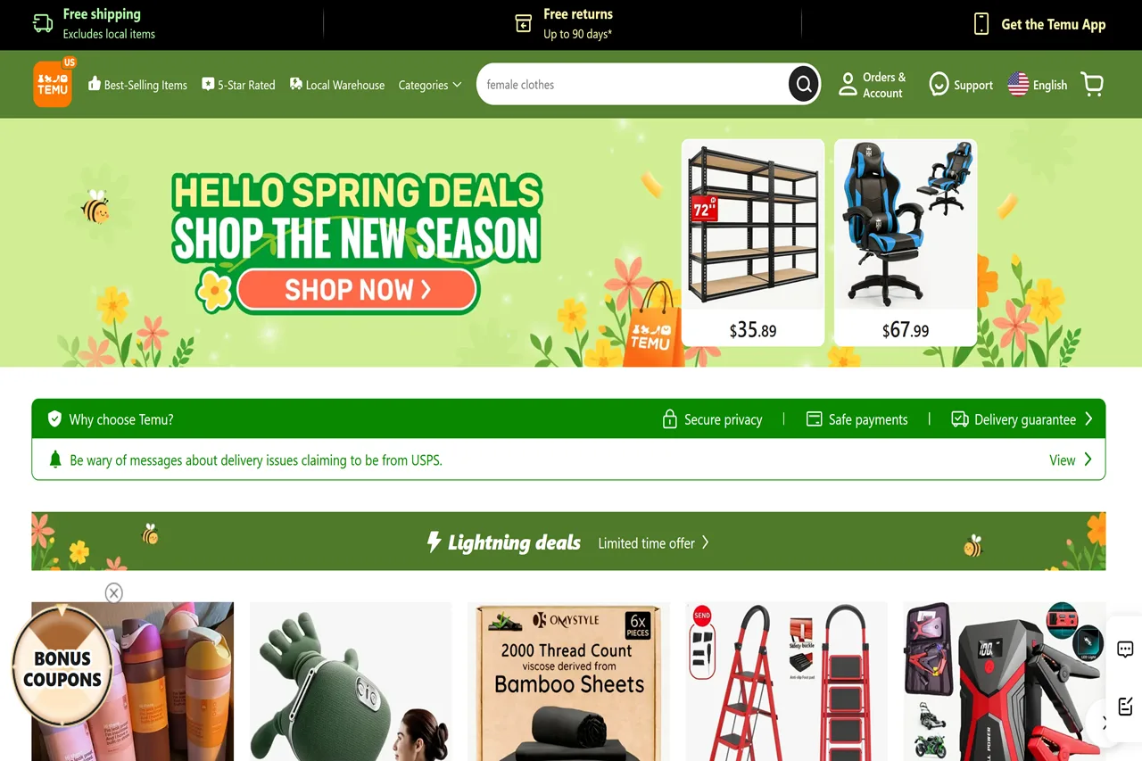 Screenshot of the Temu homepage